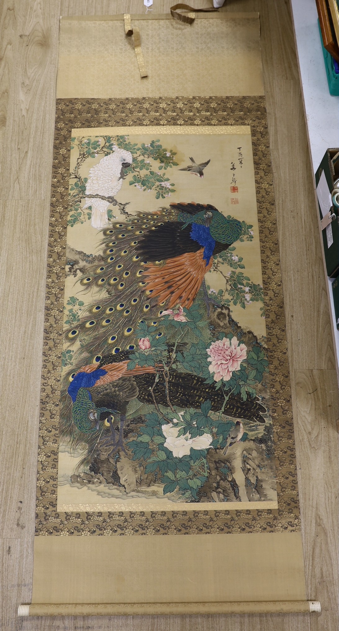 A Japanese scroll painting on silk of birds, Meiji period, bone scroll ends, Image of 137cm X 71 cm
